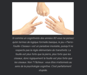 Si comme un cognitiviste des années 80 vous ne pensez qu’en termes de logique formelle basique, le jeu « Pierre-Feuille-Ciseaux » est un paradoxe insoluble, puisqu’il ne respecte pas la règle élémentaire de transitivité. La feuille est plus forte que la pierre, plus forte que les ciseaux, donc logiquement la feuille est plus forte que les ciseaux. Non ? Fâcheux : vous êtes irrationnels au sens de la psychologie cognitive. C’est parfaitement stupide.